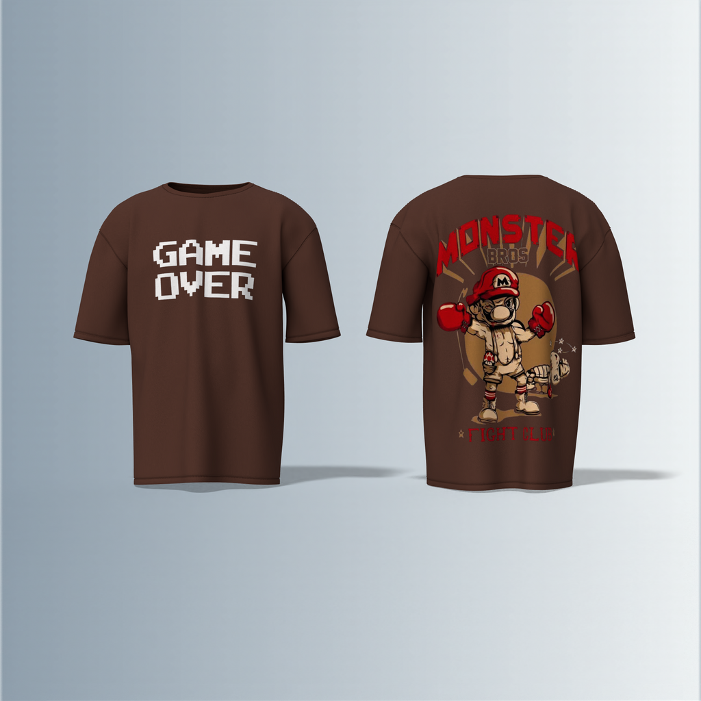Oversized Round-Neck T-Shirt with Bold "GAME OVER" Front Print and Back Graphic of Monster Bros Fight Club Boxing Theme – Retro Gaming Meets Streetwear