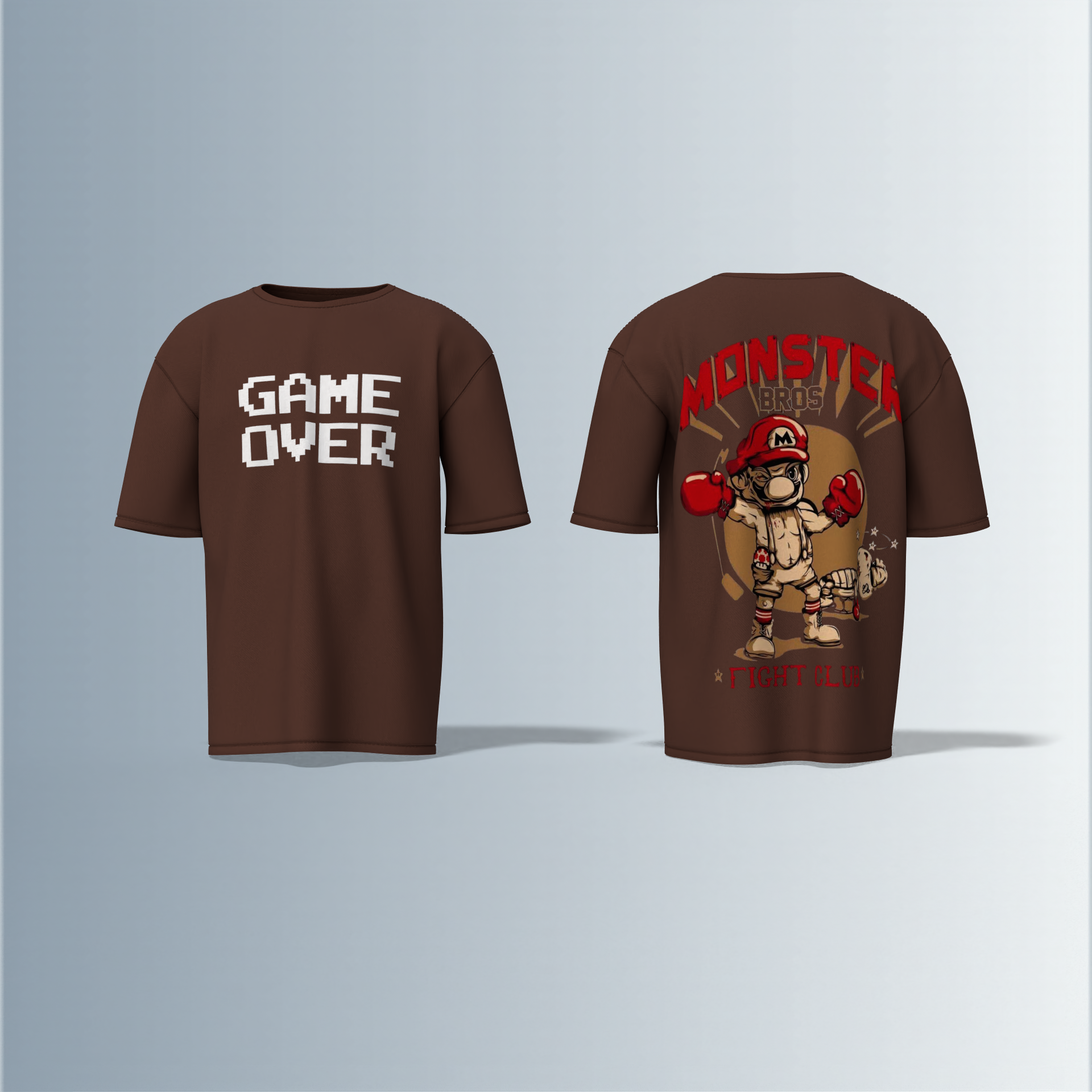 Oversized Round-Neck T-Shirt with Bold "GAME OVER" Front Print and Back Graphic of Monster Bros Fight Club Boxing Theme – Retro Gaming Meets Streetwear