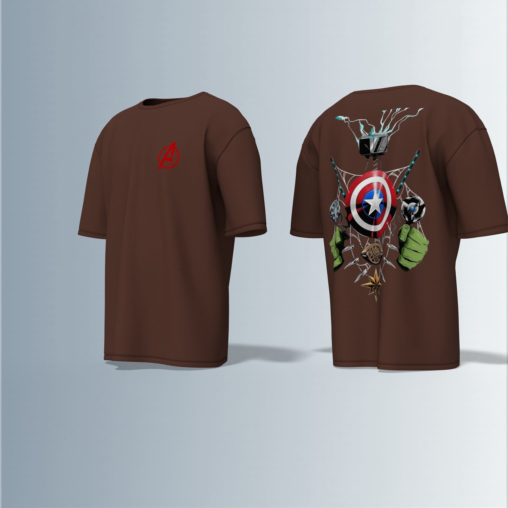 Oversized Unisex T-Shirt with Front Avengers Logo and Back Graphic Featuring Hero Icons – Captain America's Shield, Thor’s Mjolnir, Iron Man’s Arc Reactor, Hulk’s Fist, and More