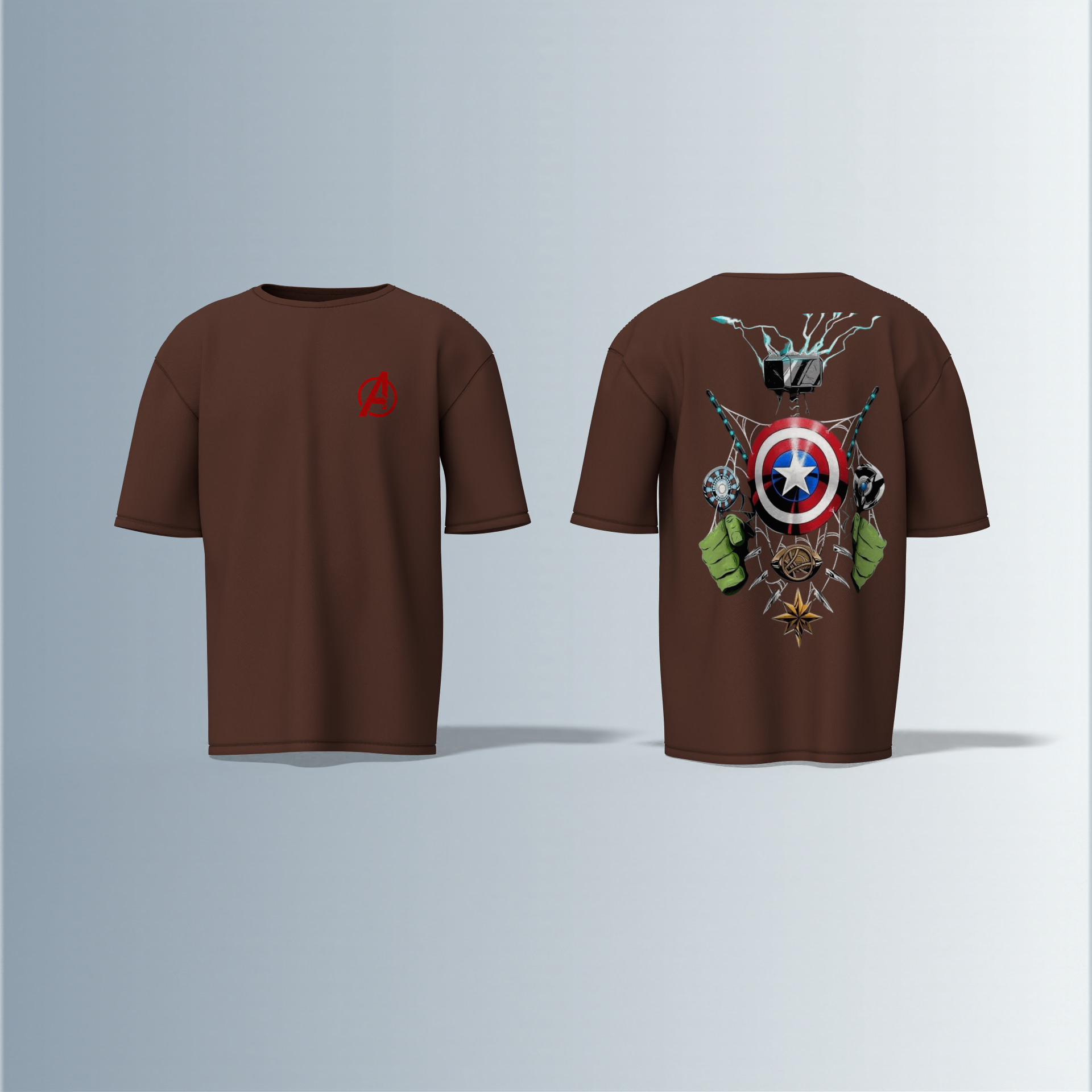 Oversized Unisex T-Shirt with Front Avengers Logo and Back Graphic Featuring Hero Icons – Captain America's Shield, Thor’s Mjolnir, Iron Man’s Arc Reactor, Hulk’s Fist, and More