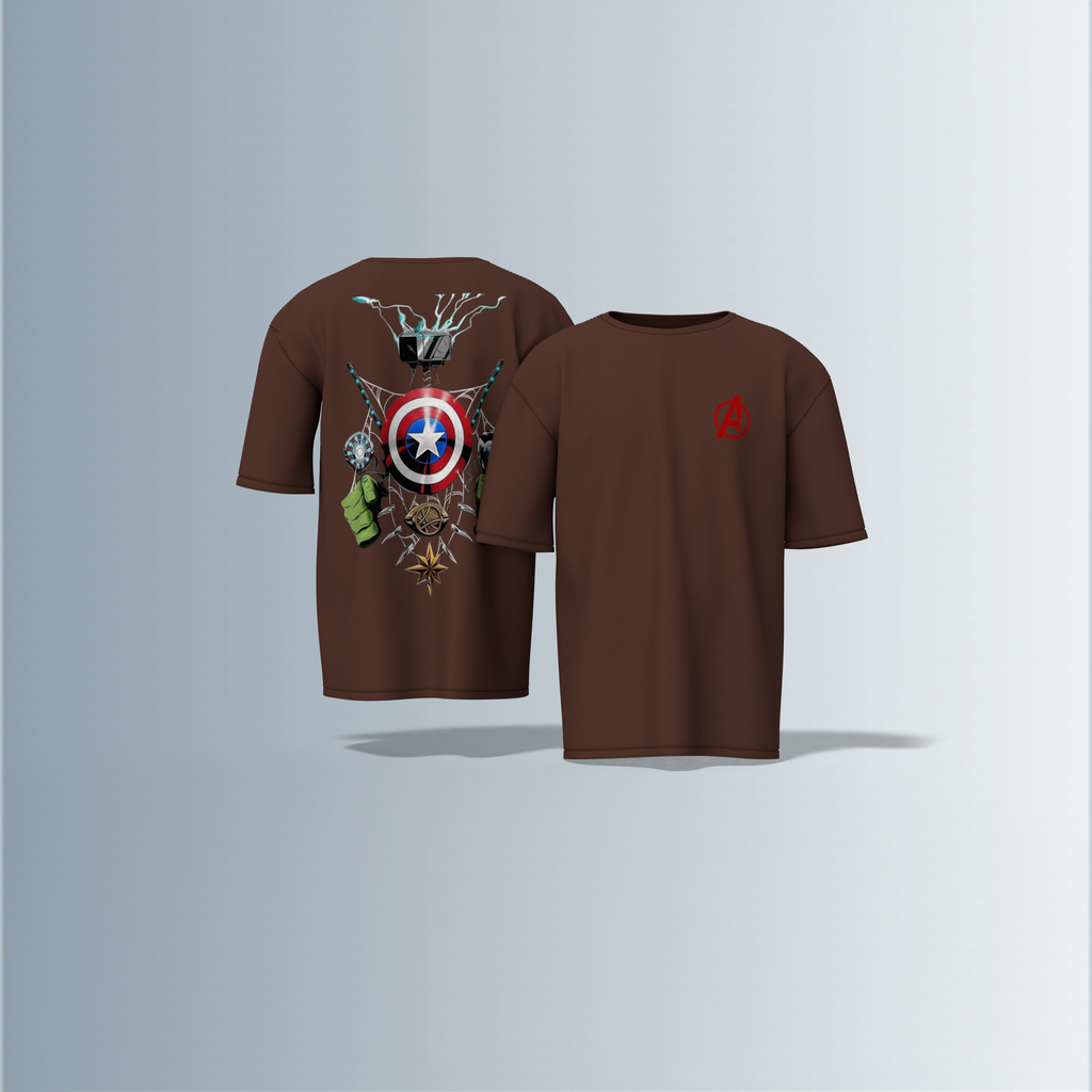 Oversized Unisex T-Shirt with Front Avengers Logo and Back Graphic Featuring Hero Icons – Captain America's Shield, Thor’s Mjolnir, Iron Man’s Arc Reactor, Hulk’s Fist, and More