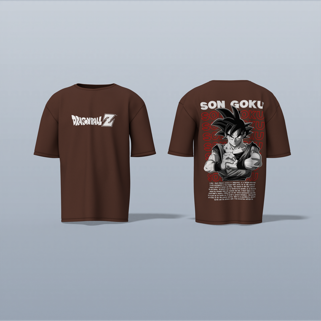 "Epic Son Goku Dragon Ball Z Oversized Graphic Tee – Iconic Anime Artwork with Bold Typography and Character Backstory"