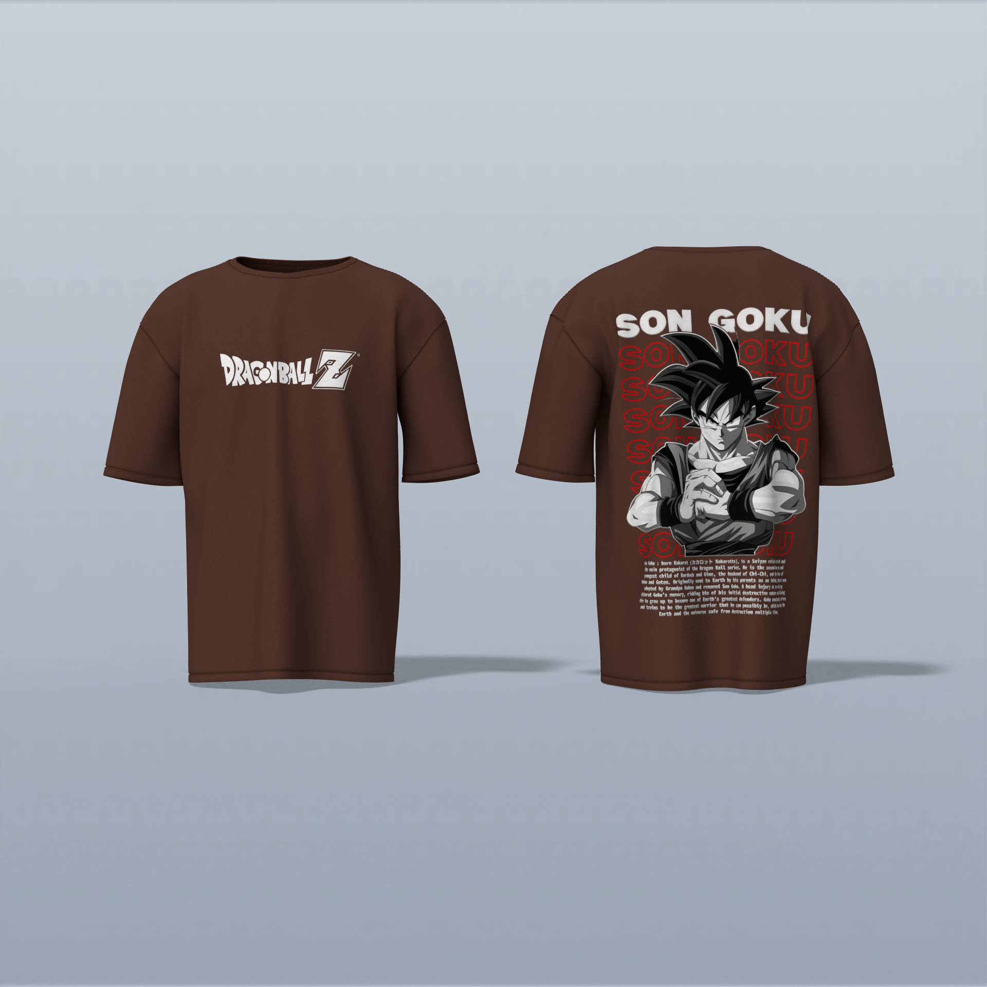 "Epic Son Goku Dragon Ball Z Oversized Graphic Tee – Iconic Anime Artwork with Bold Typography and Character Backstory"