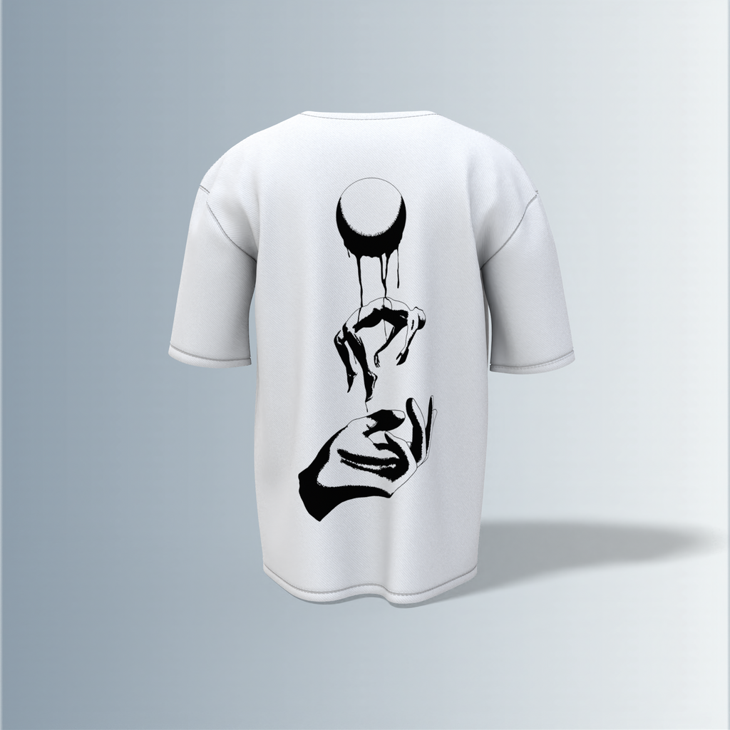 "Minimalist Oversized – Dripping Moon & Hand Art in Bold Black Graphic"