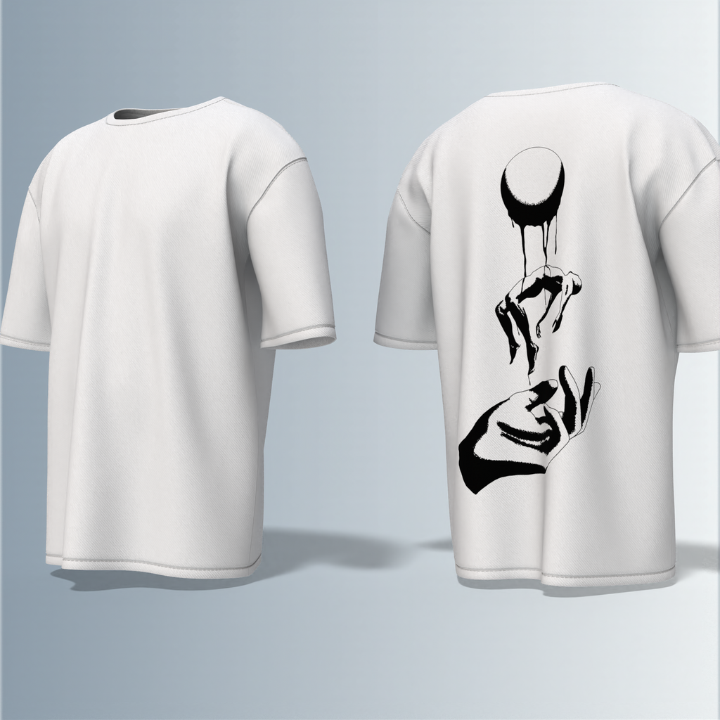 "Minimalist Oversized – Dripping Moon & Hand Art in Bold Black Graphic"