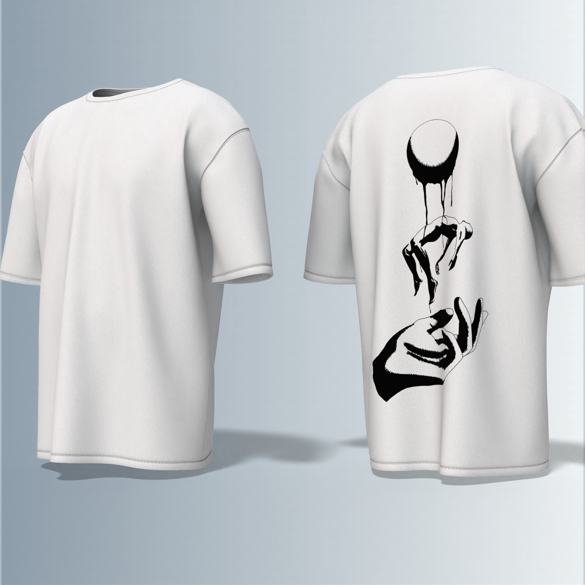 "Minimalist Oversized – Dripping Moon & Hand Art in Bold Black Graphic"