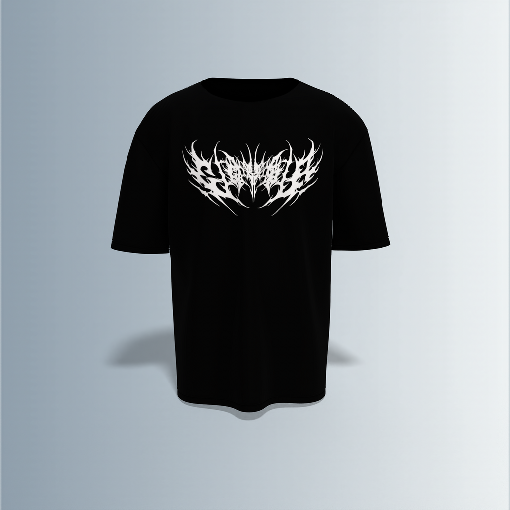 "Oversized Black Graphic Tee – White Tribal Logo Front & Electric Blue Lightning Back"