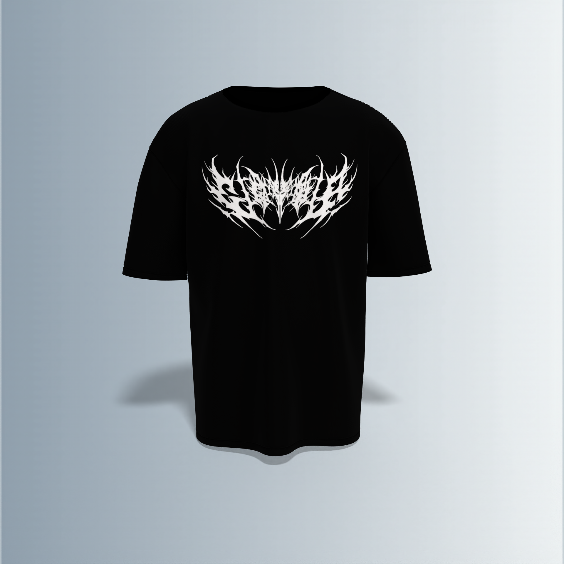 "Oversized Black Graphic Tee – White Tribal Logo Front & Electric Blue Lightning Back"