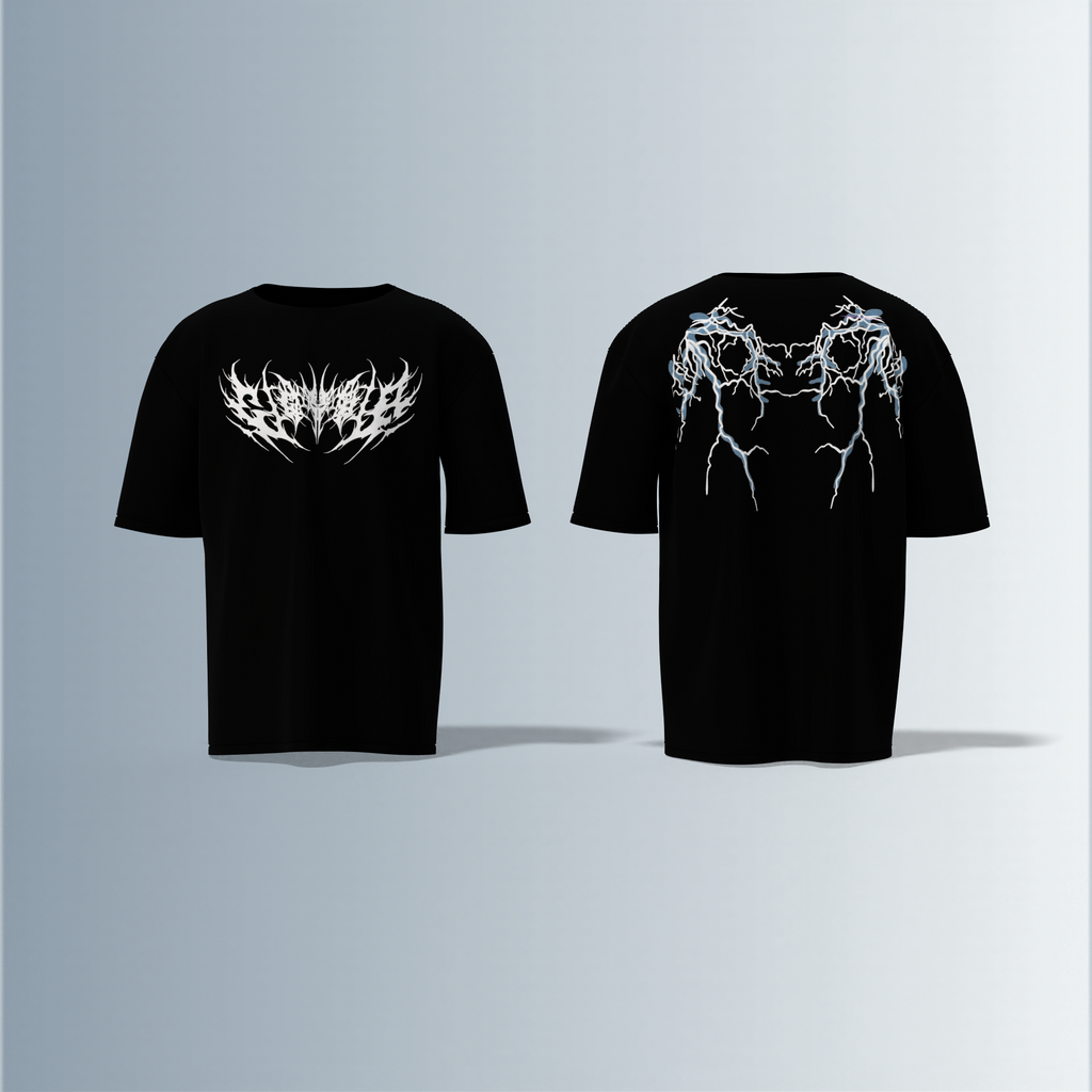 "Oversized Black Graphic Tee – White Tribal Logo Front & Electric Blue Lightning Back"