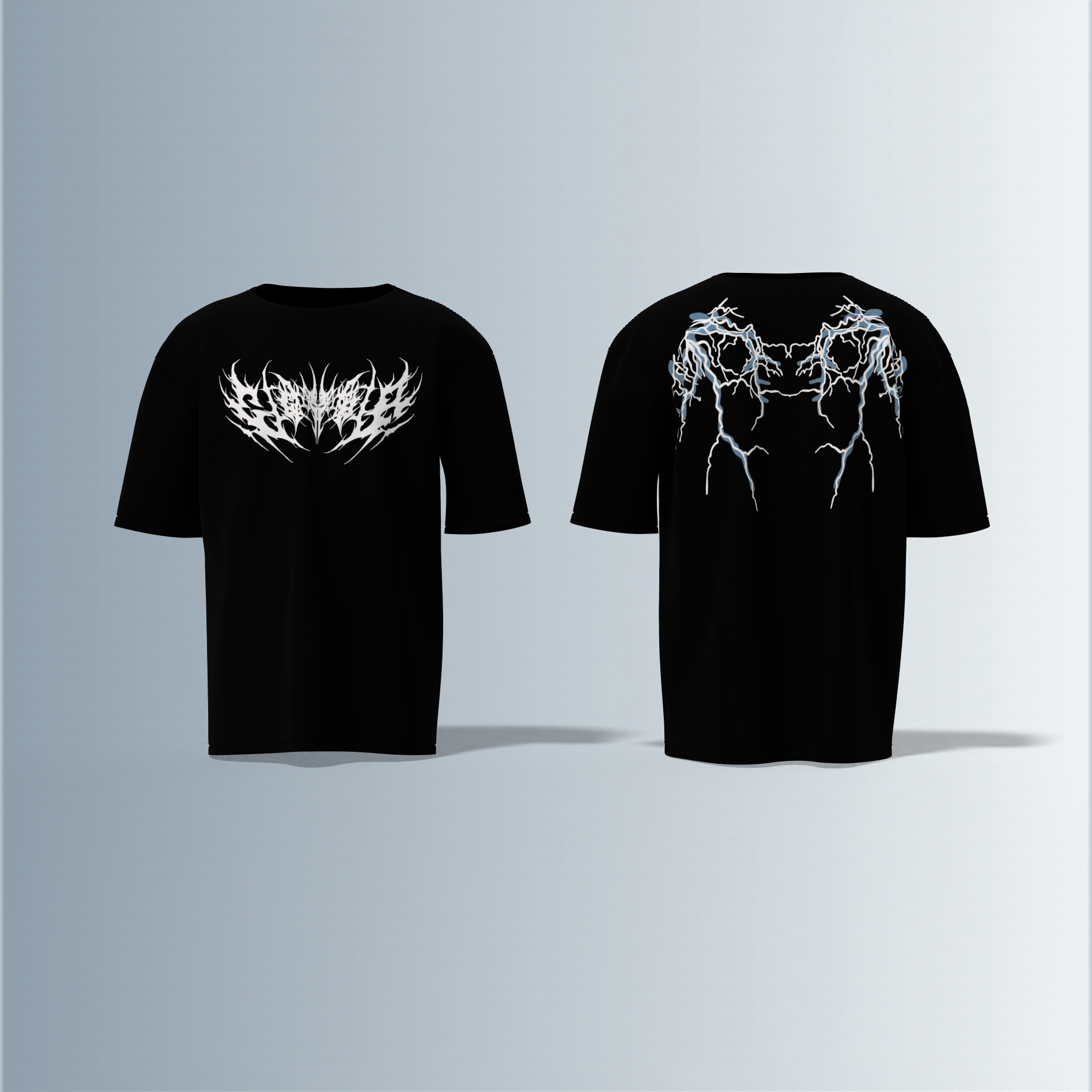 "Oversized Black Graphic Tee – White Tribal Logo Front & Electric Blue Lightning Back"