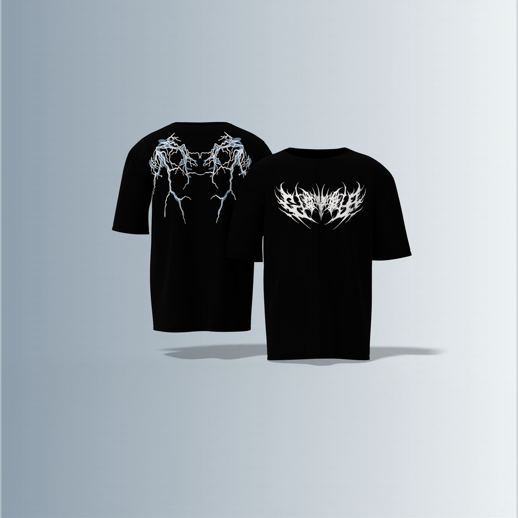 "Oversized Black Graphic Tee – White Tribal Logo Front & Electric Blue Lightning Back"