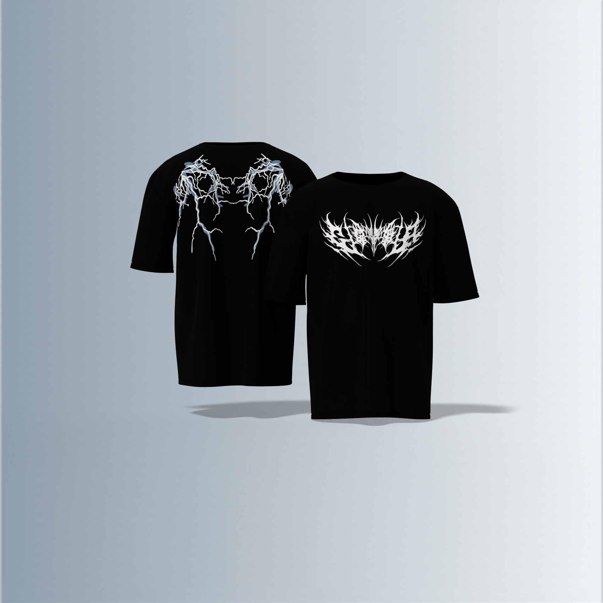 "Oversized Black Graphic Tee – White Tribal Logo Front & Electric Blue Lightning Back"
