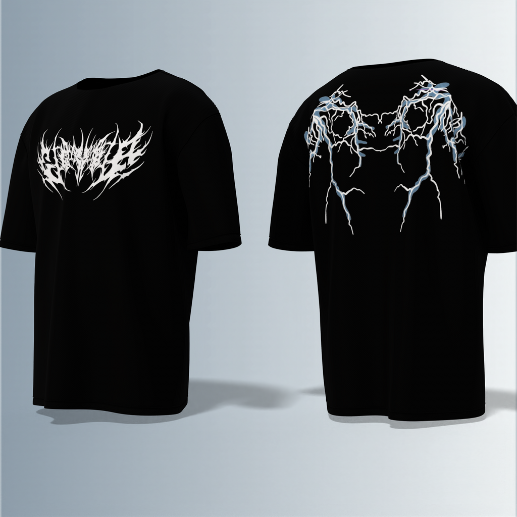"Oversized Black Graphic Tee – White Tribal Logo Front & Electric Blue Lightning Back"