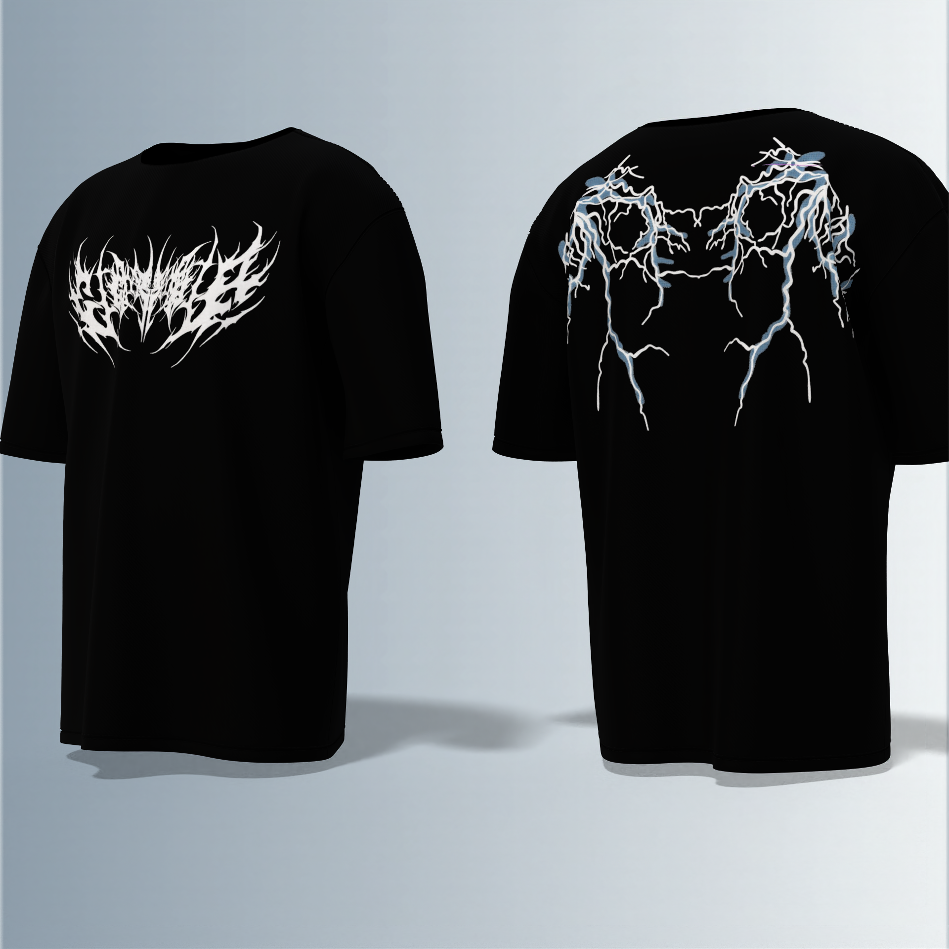 "Oversized Black Graphic Tee – White Tribal Logo Front & Electric Blue Lightning Back"
