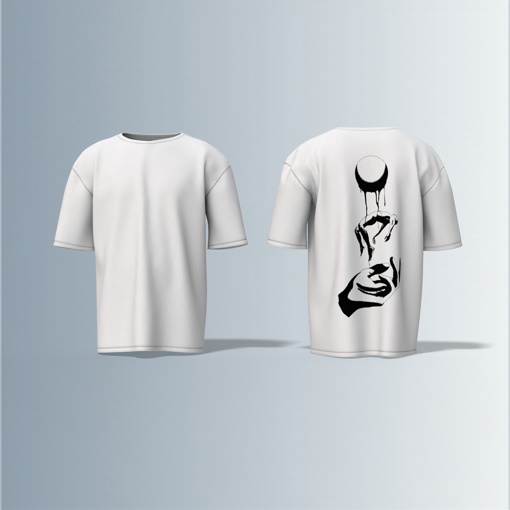 "Minimalist Oversized – Dripping Moon & Hand Art in Bold Black Graphic"