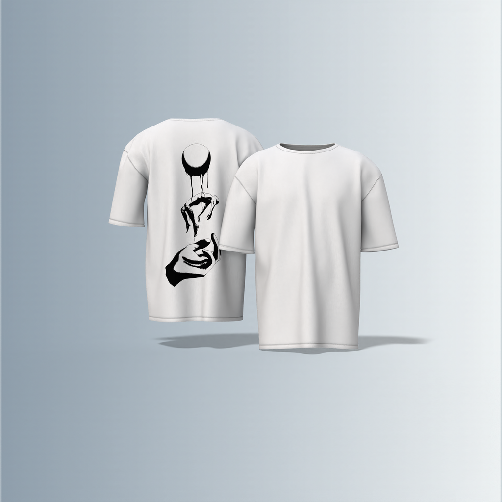 "Minimalist Oversized – Dripping Moon & Hand Art in Bold Black Graphic"
